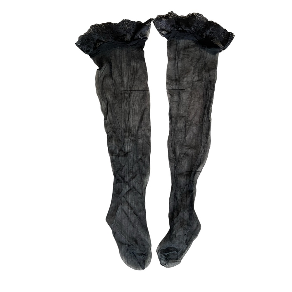 SHEER TIGHTS VICTORIA'S SECRETS Stockings Black Thigh-high Lace Top NEW - Picture 3 of 4